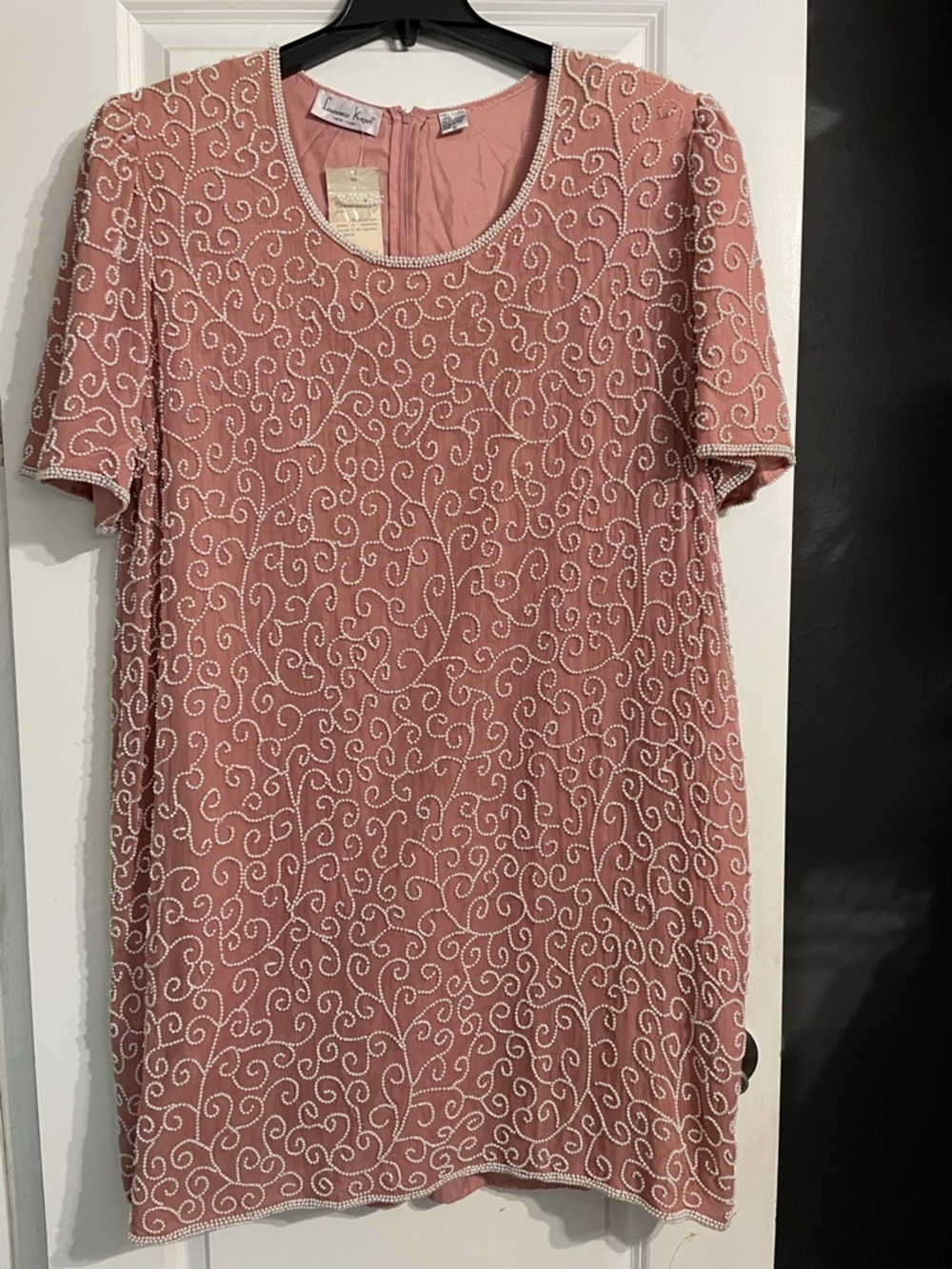 Vtg Laurence Kazar Beaded Pearl Floral Dress Dusty Rose Mauve Plus Size 4X
